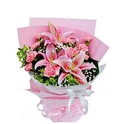 Send 3 Pink lilies, 12 Pink Carntions with Baby's Breath to Dhaka in Bangladesh