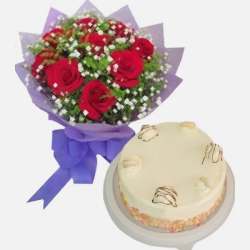 6 Red Roses with Vanilla Round Cake by Skylark