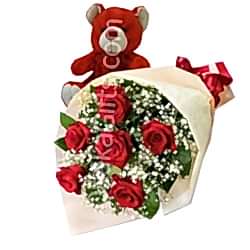 Send to 6 Red Roses in Bouquet & Lovely Red Teddy Bear to Dhaka