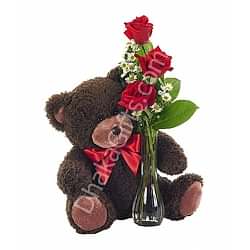 Send to 3 Red Roses with FREE vase & Lovely Teddy Bear to Dhaka