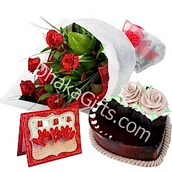 Send 6 Roses in Bouquet with Chocolate Cake to Dhaka in Bangladesh