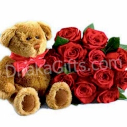 Send to 12 Red Roses with Lovely Brawn Teddy Bear to Dhaka