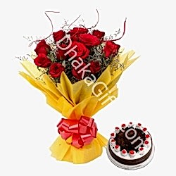 Send 12 Red Roses in Bouquet with Chocolate Cake to Dhaka in Bangladesh