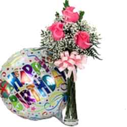 send to 3 pink roses in free vase with happy birthday balloon​ to dhaka