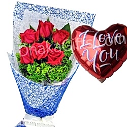 send to 6 red roses in bouquet with i love you balloon to dhaka