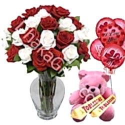 Send to 24 Mixed Roses in FREE Vase,Pink Bear,Toblerone Milk Chocolate with I Love U Balloon to Dhaka
