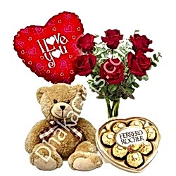 Send 6 Red Roses Vase,Brown Bear,Ferrero Rocher Chocolate with I Love U Balloon to Dhaka in Bangladesh