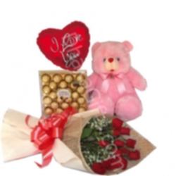 Send to 6 Red Roses Bouquet,Bear,Ferrero Rocher Chocolate Box with I Love U Balloon to Dhaka