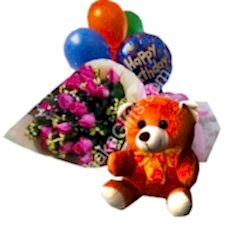 send to 12 mixed roses in bouquet,bear with happy birthday balloon to dhaka