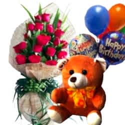 Send to 12 Red Roses in Bouquet,Brawn Bear with Happy Birthday Balloon to Dhaka