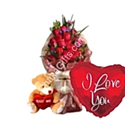 Send to 12 Mixed Roses in Bouquet,medium Bear with I Love you Balloon to Dhaka