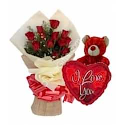 Send to 12 Roses in Bouquet,Red Bear with I Love you Balloon to Dhaka