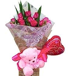Send to 12 Pink Roses in Bouquet,Pink Bear with I Love you Balloon to Dhaka