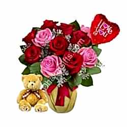 Send to 12 Mixed Roses in FREE Vase,Brawn Bear with I Love you Balloon to Dhaka