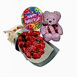 Send to 24 Red Roses in Bouquet,Pink Bear with Anniversary Balloon to Dhaka