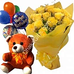 Send to 12 Yellow Roses in Bouquet,Brawn Bear with happy Birthday Balloon to Dhaka