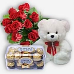 Send 12 Red Roses,Pink Bear with Ferrero Rocher Chocolate to Dhaka in Bangladesh