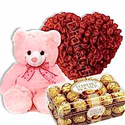 50 Red Roses,Pink Bear with Ferrero Rocher Chocolate Box