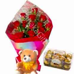 Send 12 Red Roses,Bear with Ferrero Rocher Chocolate