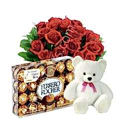 Send 12 Red Roses,White Bear with Ferrero Rocher Chocolate Box
