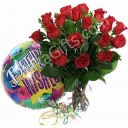 send 24 red rose vase with birthday balloon to dhaka in bangladesh