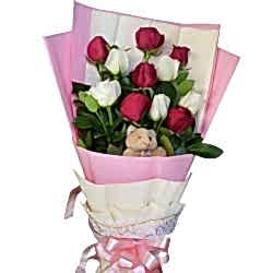 Send to 12 Mixed Roses Bouquet with Mini Bear to Dhaka
