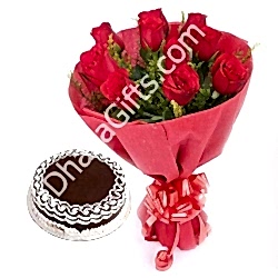 Send 12 Red Roses in Bouquet with Chocolate Cake to Dhaka in Bangladesh