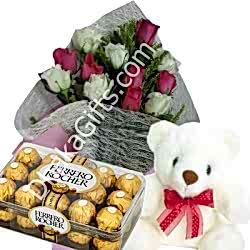 6 Mixed Roses Bouquet,White Bear with Ferrero Rocher Chocolate to dhaka