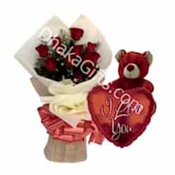 6 Red Roses Bouquet,Red Bear with mylar to Dhaka