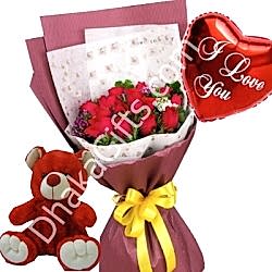 12 Mixed Roses Bouquet,Red Bear with Mylar to Dhaka