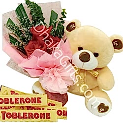 Red Roses Bouquet, Brawn Bear with Toblerone milk Chocolate to Dhaka