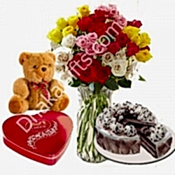 12 Mixed Flower,Brown Bear with Cake & Heart Ferrero to Dhaka