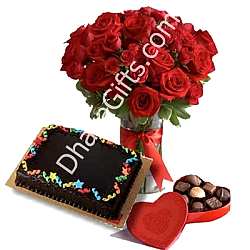 24 Red Roses in FREE Vase, Cake with Heart Ferrero to Dhaka