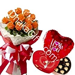 Send 12 Orange Roses Bouquet,Heart Ferrero with Balloon to Dhaka