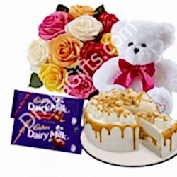 6 Mixed Roses,White Bear with Cake & Dairy Milk Fruit & Nut Chocolate to Dhaka