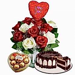 Send to 12 White & Red Roses In FREE Vase, Cake with Ferrero Heart Shape Chocolate & Balloon to Dhaka