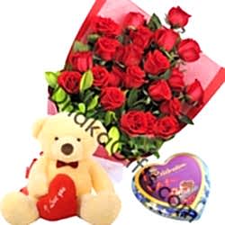 12 Red Roses,Bear with  Eclairs Chocolate in box