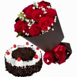 12 Red Roses with Black Forest Cake By Well Food