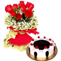 6 Red Roses with Black forest Cake by Tasty Treat Cake