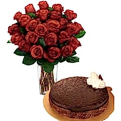 24 Red Roses with Chocolate Coated Cake by Tasty Treat