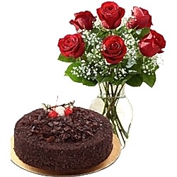 6 Red Roses with Chocolate Lady Cake by Tasty Treat