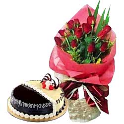 12 Red Roses with Chocolate & Vanilla Mix Cake Cake by Tasty Treat