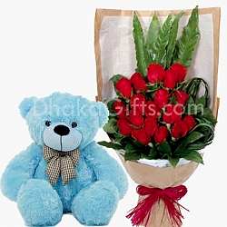 24 Red Roses & Medium size teddy Bear