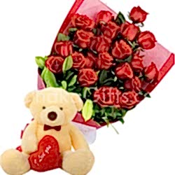 24 Red Roses Bouquet with Small love Bear