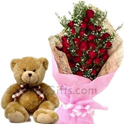 24 Red Roses Bouquet with Cute Medium size teddy Bear
