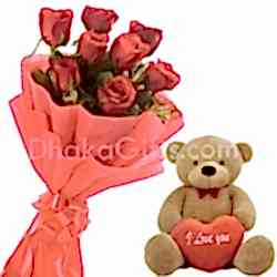 8 Red Roses Bouquet with teddy Bear