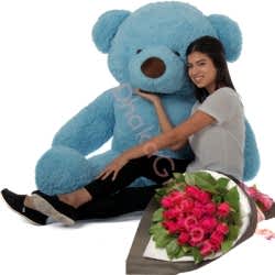24 Red Roses Bouquet with 5 Feet Giant Bear