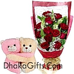 12 Roses & Seasonal Flower With Lovely Medium Teddy Bear