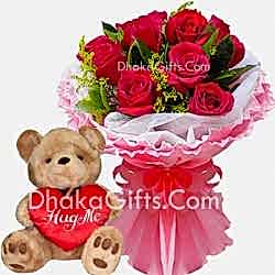 8 Red Roses Bouquet with Medium teddy Bear