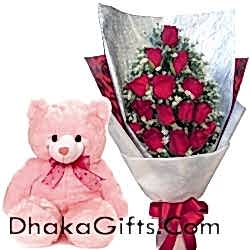 12 Red Roses & Lovely Teddy Bear